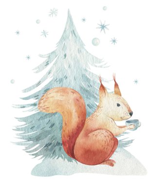 Noel Woodland orman karikatür kirpi, sevimli sincap, fare, tavşan hayvan karakteri ayarlayın. Kış rakun noel ağacı çiçek elemanları, buketleri, çilek, fllowers, kar ve kar taneleri,