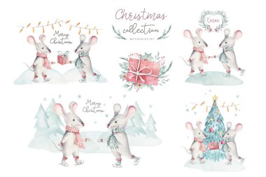 Sevimli komik karikatür noel fare noel kartı. Suluboya el çizilmiş sıçan hayvan illüstrasyon. Yeni Yıl 2020 tatil çizim. İzole Çin sembolü