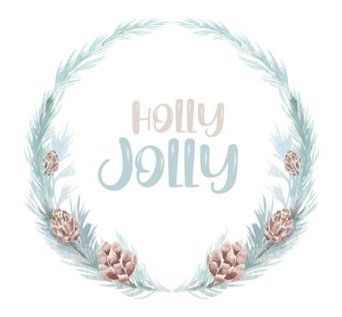 Suluboya kış çiçek köknar çelenk. Mutlu Noeller ve Happy New Year tatil dekorasyon kart tasarımı. El boyaması ağaç dalları kompozisyon beyaz arka plan üzerinde izole.