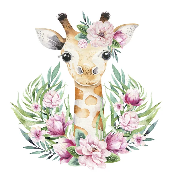 Um cartaz com uma girafa de bebé. Watercolor desenho animado giraffetropical animal ilustração. Selva exótica impressão de verão . — Fotografia de Stock