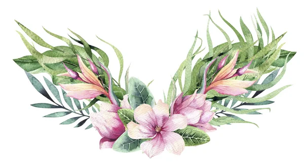 Suluboya el tropik bitki ve çiçekler ile çiçek buketçizilmiş — Stok fotoğraf