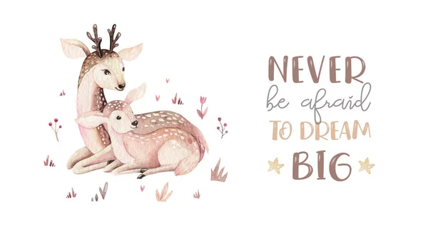 Watercolor little deer baby and mother watercolour bembi cartoon baby nursery. Forest funny young deer illustration. Fawn animal. Mom and baby decor — Stock Photo, Image