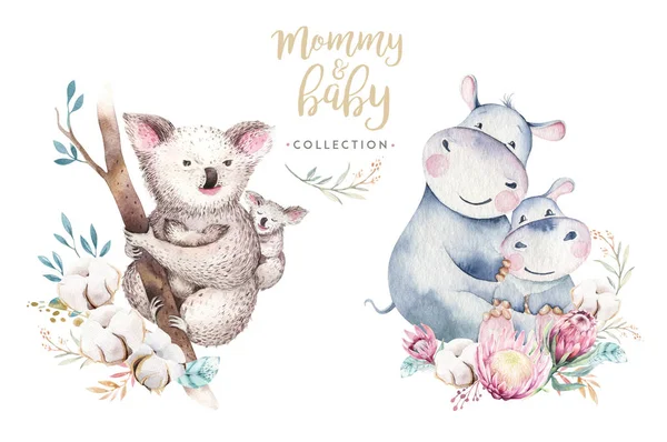 Aquarela bonito desenho animado pequeno bebê e mãe coala com grinalda floral hipopótamo. Isolada ilustração tropical. Mãe e bebê design. Família animal. Kid amor aniversário desenho — Fotografia de Stock