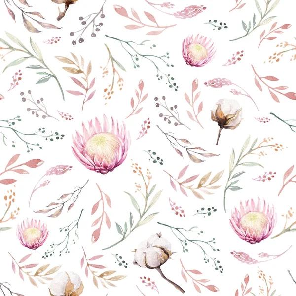 Hand ritning sömlös akvarell blommönster med Protea Rose, löv, grenar och blommor. Bohemian guld rosa mönster prorea. Bakgrund för hälsning bröllop inbjudan — Stockfoto
