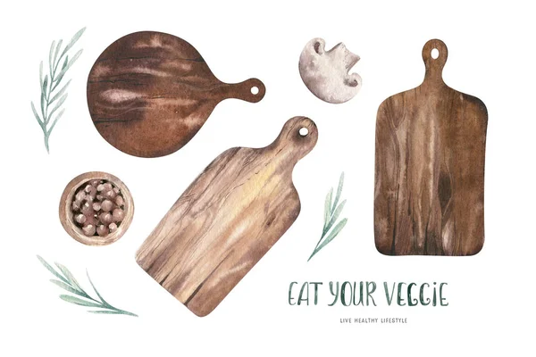 Ensemble de planches à découper en bois de cuisine aquarelle. Illustration dessinée à la main pour affiches de cuisine. Menu restaurant style scandinave kit design. Isolé sur blanc. — Photo