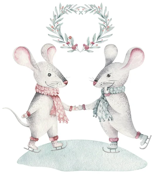 Bonito engraçado cartoon Natal rato cartão de Natal. Ilustração animal de rato desenhada à mão aquarela. Ano Novo 2020 desenho de férias. Símbolo chinês isolado — Fotografia de Stock