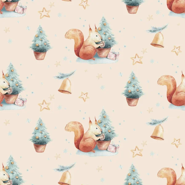 Aquarel Vrolijk Kerstmis naadloze patronen met kerstboom en eekhoorn, vakantie schattige baby dieren. Kerstboom feestpapier. Winterse nieuwjaarsontwerp. — Stockfoto