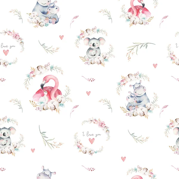 Watercolor cute cartoon little baby and mom koala, hippo, flamingo with floral wreath seamless pattern. tropical fabric background. Mother and baby design. Animal drawing Stock Image