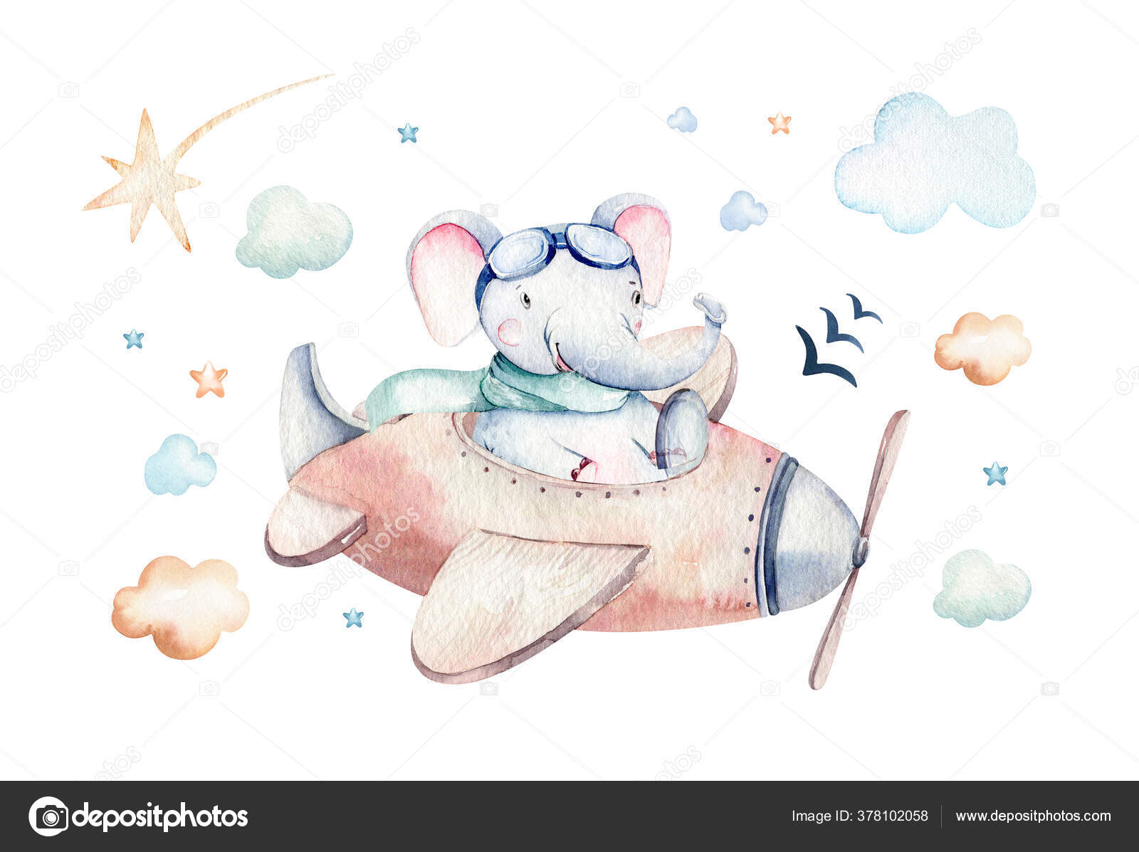Ensemble Aquarelle Bebe Dessin Anime Mignon Pilote Aviation Arriere Plan Illustration De Fantaisie Ciel Transport Complet Avec Des Avions Ballons Nuages Enfant Modele Garcon C Est Une Illustration De Baby Shower Image Libre De