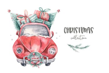 Suluboya Noel kartı taşıma illüstrasyonu. Mutlu Xmas kış ağacı tasarımı. El boyası Yeni yıl antika arabalar