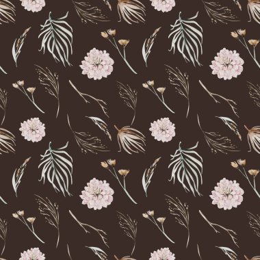 Boho 'nun kusursuz desenli suluboya elementleri savananın altın çiçeklerini topluyor kırmızı, bordo çiçekleri, yapraklar, dallar, botanik illüstrasyon arka planı