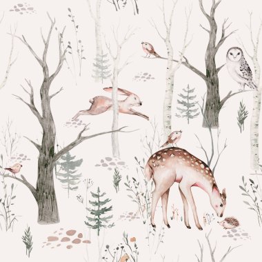 Woodland hayvanları suluboya desenli. Kumaş duvar kağıdı arka planında Baykuş, kirpi, tilki ve kelebek, orman sincabı ve sincap tavşan seti, ayı ve kuş yavrusu hayvan, İskandinav çocuk yuvası