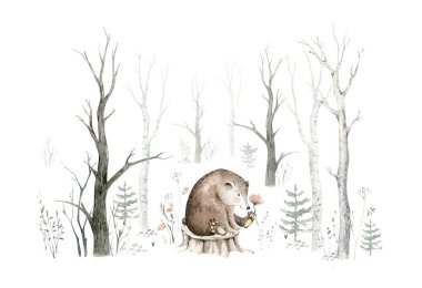 Woodland suluboya şirin hayvanlar bebek ayı. İskandinav baykuşları orman kreşinin poster tasarımında. İzole edilmiş tüzük.