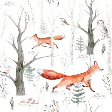 Woodland hayvanları suluboya desenli. Kumaş duvar kağıdı arka planında Baykuş, kirpi, tilki ve kelebek, orman sincabı ve sincap tavşan seti, ayı ve kuş yavrusu hayvan, İskandinav çocuk yuvası