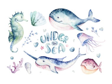 Bir grup deniz hayvanı. Mavi suluboya okyanus balığı, kaplumbağa, balina ve mercan. Kabuk akvaryum arka planı. Denizcilik illüstrasyonu