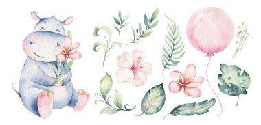 El sevimli izole tropikal yaz suluboya su aygırı hayvanlar çizilmiş. su aygırı bebek ve anne karikatür hayvan illüstrasyonlar, orman ağacı, brezilya trendy tasarım. Aloha koleksiyonu.