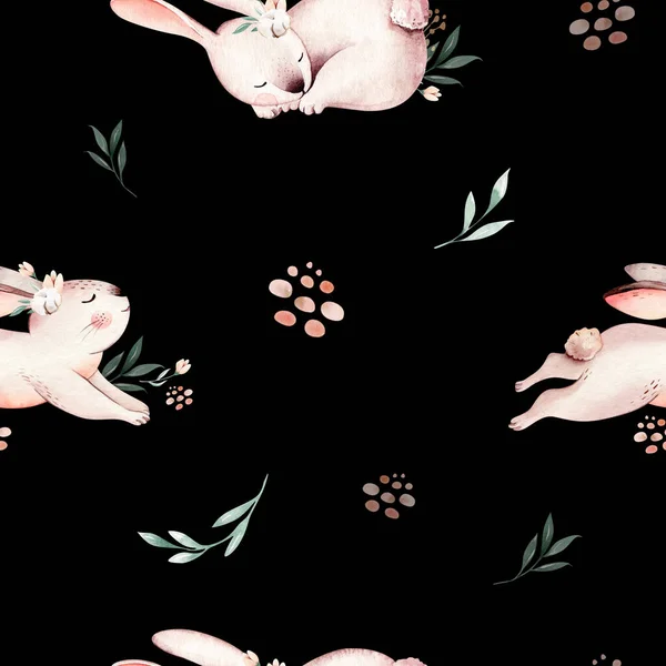 Cute baby rabbit animal seamless Easter pattern pussy-willow, forest bunny illustration for children clothing. Nursery Wallpaper background Woodland watercolor Hand drawn image for cases design — 스톡 사진