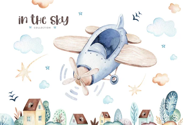 Ensemble aquarelle bébé dessin animé mignon pilote aviation arrière-plan illustration de fantaisie ciel transport complet avec des avions ballons, nuages. Enfant modèle Garçon. C'est une illustration de baby shower — Photo