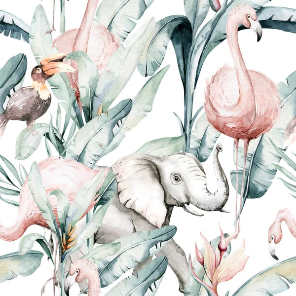 Flamingolu, tropik, pürüzsüz bir desen. Suluboya tropik çizim, gül kuşu ve yeşil palmiye ağacı, tropik yeşil doku, egzotik çiçek — Stok fotoğraf