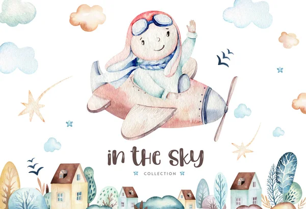 Acuarela conjunto de dibujos animados bebé piloto lindo fondo de la aviación ilustración de transporte de cielo de lujo completo con globos de aviones, nubes. Patrón de niño infantil. Es una ilustración de ducha de bebé —  Fotos de Stock