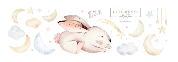 可爱的兔子宝宝在夜空中用金色的星星描绘彗星的梦，森林兔子给孩子们的衣服画。苗圃壁纸海报林地水彩画手绘图像的案例 — 图库照片