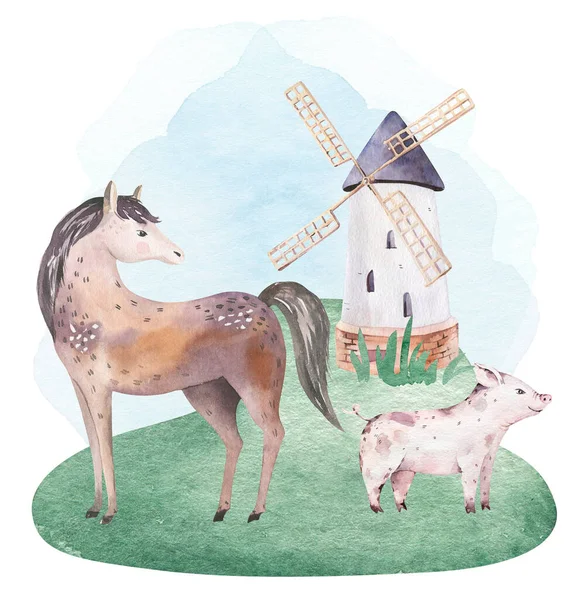 Ensemble isolé d'animaux d'élevage. Mignon animal domestique ferme aquarelle illustration. dessin animé cheval et porc . — Photo
