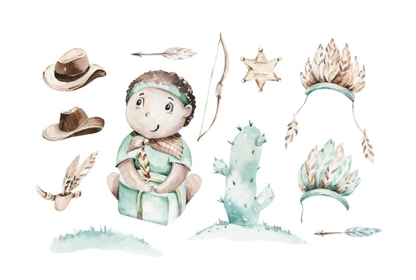 干し草の玉のイラストに座ってカウボーイハットの西の赤ちゃんの男の子カウボーイ 漫画の保安官はアメリカの部族のティーピーのデザイン 野生の西の誕生日招待状 — ストック写真