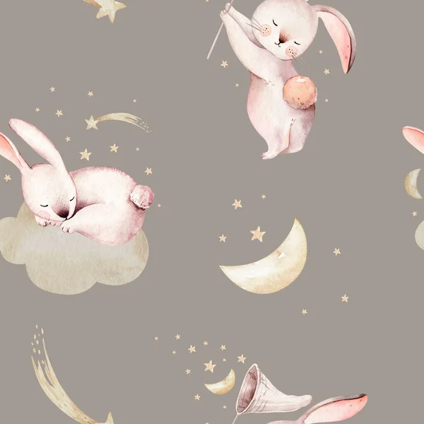 Mignon bébé lapin animal rêve illustration comète avec des étoiles d'or dans le ciel nocturne, illustration lapin forêt pour vêtements pour enfants. Papier peint de pépinière affiche Woodland aquarelle Image dessinée à la main pour les cas — Photo