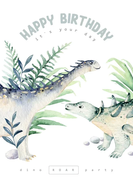 Cute kreskówki dziecko dinozaury kolekcja akwarela ilustracja, ręcznie malowane dino izolowane na białym tle do dekoracji plakat przedszkola. Rex dzieci zabawna sztuka — Zdjęcie stockowe