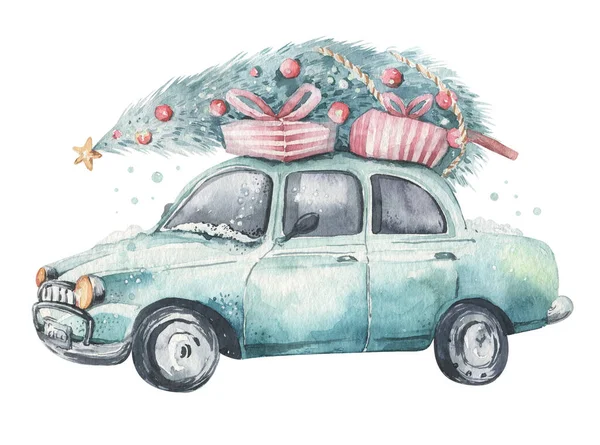 Akwarela świąteczne karty transportu ilustracji. Wesołych Świąt projekt choinki zimowej. Ręcznie malowane Nowy rok retro rocznika samochodów — Zdjęcie stockowe