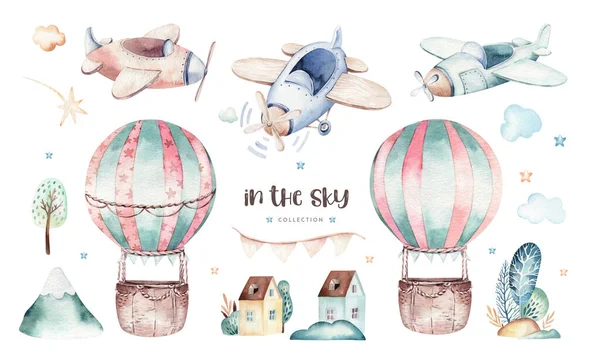 Akvarell ställa baby tecknad söt pilot flyg bakgrund illustration av fancy sky transport komplett med flygplan ballonger, moln. Barnsligt pojkmönster. Det är en baby dusch illustration — Stockfoto