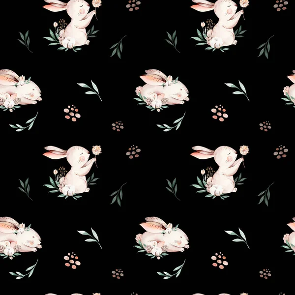 Cute baby rabbit animal seamless Easter pattern pussy-willow, forest bunny illustration for children clothing. Nursery Wallpaper background Woodland watercolor Hand drawn image for cases design — Stock Photo, Image