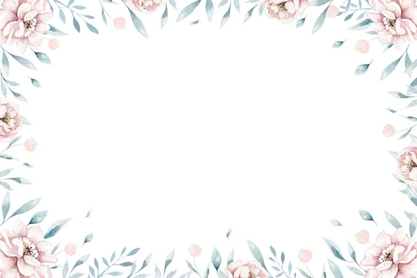Akwarela kwiatowa ilustracja - geometryczna ramka z jasnym brzoskwiniowym kolorem, białym, różowym żywym kwiatem, zielonymi liśćmi do ślubu stacjonarna kartka okolicznościowa. moda, tło, opakowanie DIY. — Zdjęcie stockowe
