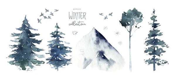 Met Hand Geschilderde Aquarel Winterlandschap Met Dennenbomen Bergen Geïsoleerd Witte — Stockfoto