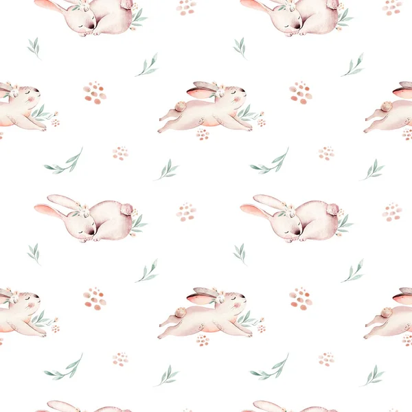 Cute baby rabbit animal seamless Easter pattern pussy-willow, forest bunny illustration for children clothing. Nursery Wallpaper background Woodland watercolor Hand drawn image for cases design — 스톡 사진