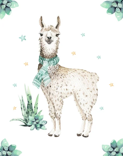 Cute watercolor llama, alpaca illustration isolated on white. Llama print ethnic blanket, flowers wreath, floral bouquet and boho mexican decoration — Stock Photo, Image