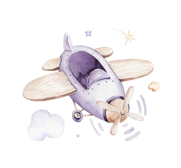 水彩画的紫色是一个可爱而迷人的天空场景 配上了飞机和气球 男婴和女婴的模式婴儿淋浴间 托儿所设计 — 图库照片