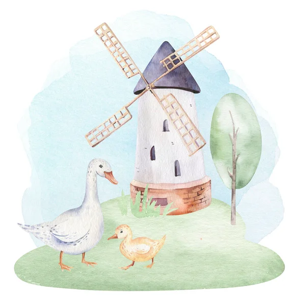 Granjas animales aislados conjunto. Linda granja doméstica mascotas acuarela ilustración. dibujos animados de caballo y chiken . — Foto de Stock