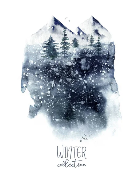 手绘水彩画的冬季风景与松树在山中 因白人背景而被隔离 — 图库照片