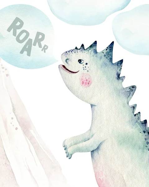 Χαριτωμένο κινουμένων σχεδίων μωρό δεινόσαυροι συλλογή ακουαρέλα μωρό ντους προσκαλούν, ζωγραφισμένα στο χέρι dino απομονώνονται σε λευκό φόντο για διακόσμηση αφίσα φυτώριο. Rex παιδιά αστεία τέχνη — Φωτογραφία Αρχείου