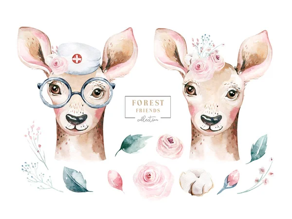 Deer Animal niedlichen Arzt Aquarell Kinder Illustration isoliert auf weißem Hintergrund. Medizinisches Kinderdesign. Infektionsschutz Epidemie Maske medizinische Klinik — Stockfoto