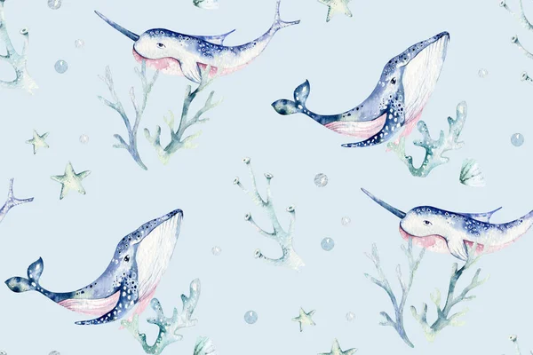 Sea animals blue watercolor ocean seamless pettern fish, turtle, whale and coral. Shell aquarium background. Nautical marine illustration