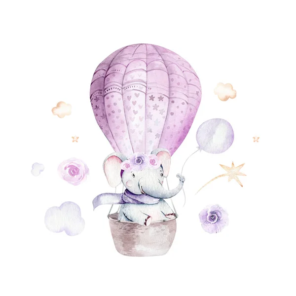 Aquarell lila Illustration eines niedlichen Tieres Safary Elefant und Phantasie Himmel Szene komplett mit Flugzeugen und Ballons, Wolken. Baby Boy und Mädchen Muster. Babydusche — Stockfoto