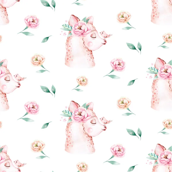 Watercolor painting seamless pattern with white cute llama animal. Llamas cartoon america. Boho cactus textile design, Baby girl decoration, baby shower art Royalty Free Stock Images