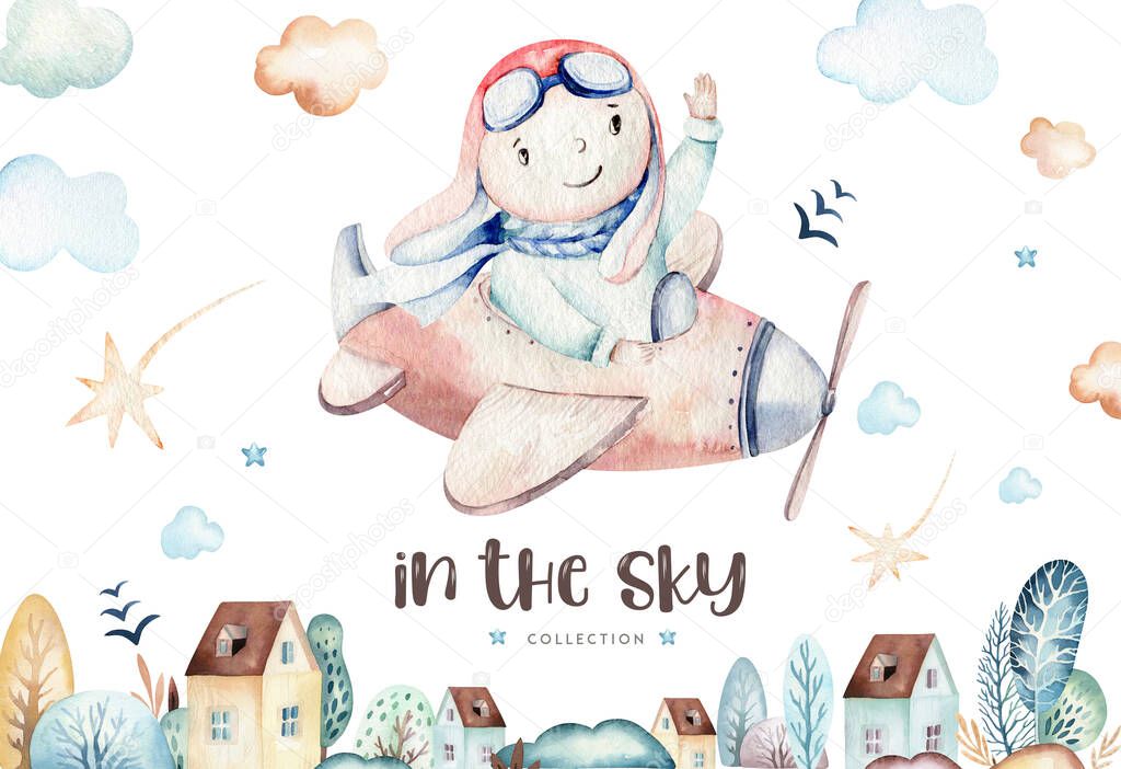 Watercolor set baby cartoon cute pilot aviation background illustration of fancy sky transport complete with airplanes balloons, clouds. childish Boy pattern. Its a baby shower illustration