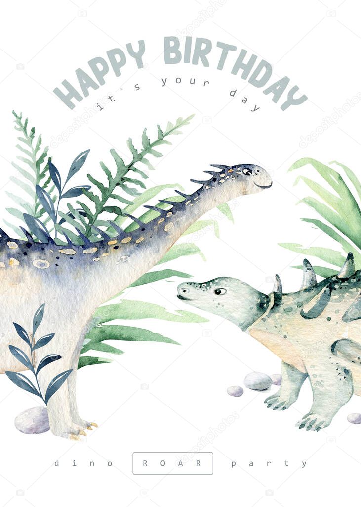 Cute cartoon baby dinosaurs collection watercolor illustration, hand painted dino isolated on a white background for nursery poster decoration. Rex children funny art