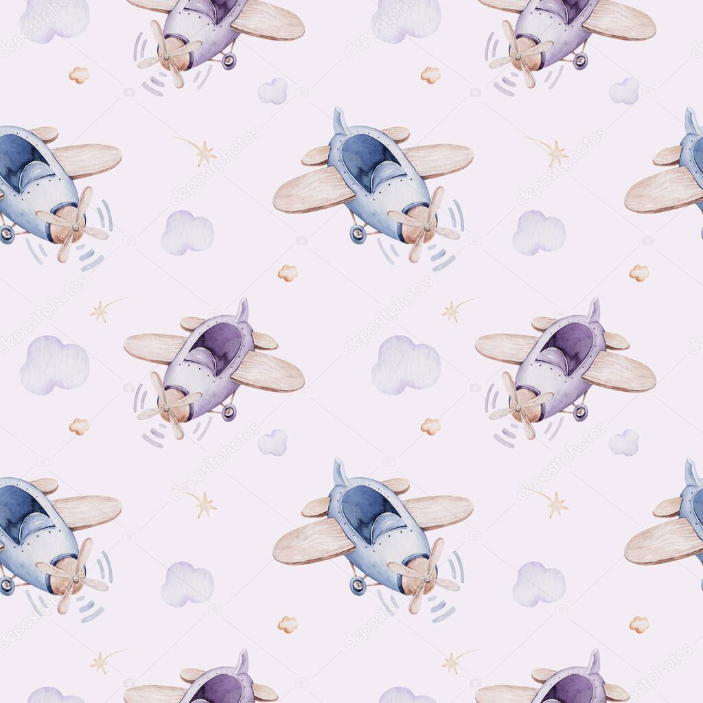 Watercolor purple illustration of a cute and fancy sky scene complete with airplanes and balloons, clouds. Baby Boy and girl pattern. baby shower, nursery design