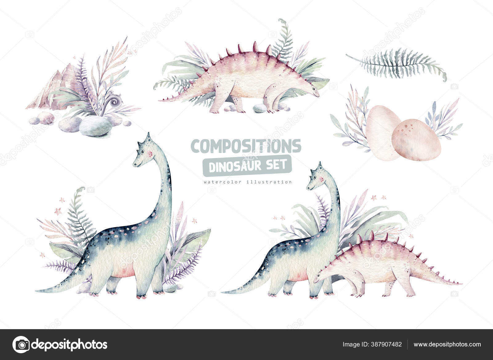 Desenhos Animados Bonitos Coleção Dinossauros Aquarela Ilustração Dino  Pintado Mão Ilustração por ©mykef #441614526