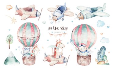 Suluboya, uçaklar, helikopterler, balonlar ve bulutlarla tamamlanmış şirin ve süslü bir gökyüzü sahnesinin arkaplan çizimi. Erkek modeli. Bebek partisi illüstrasyonu.