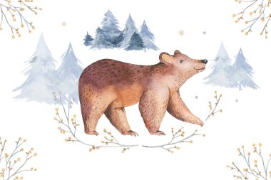 Elle boyanmış suluboya kış manzarası Çam ağaçları ve dağlarda ayı. Beyaz arkaplanda izole edilmiş.